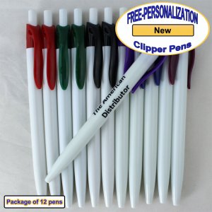 Personalized Clipper Pen, Clear Body with a Assorted Clip 12 pkg