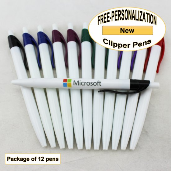 Clipper Pen, White Body, Assorted Clip, 12 pkg - Custom Image - Click Image to Close