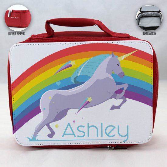 Personalized Unicorn Theme - Red School Lunch Box for kids - Click Image to Close