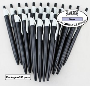 Colored Clipper Pen -Black Body with White Clip- Blanks - 50pkg