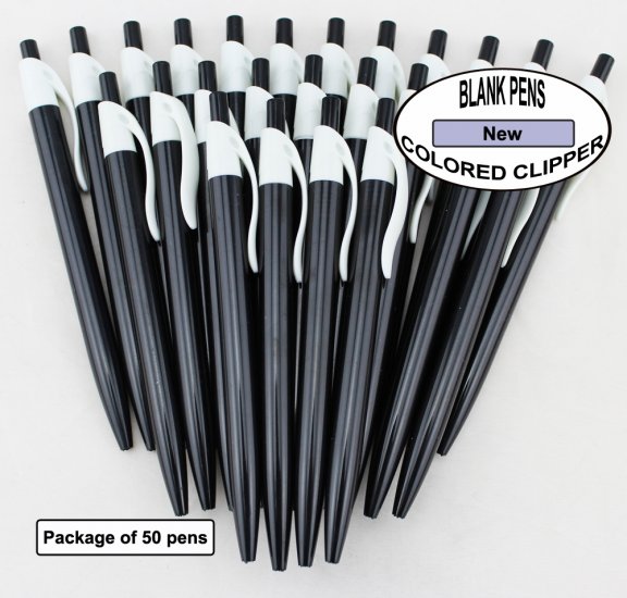 Colored Clipper Pen -Black Body with White Clip- Blanks - 50pkg - Click Image to Close