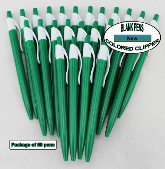 Colored Clipper Pen -Green Body with White Clip-Blanks- 50pkg - Click Image to Close