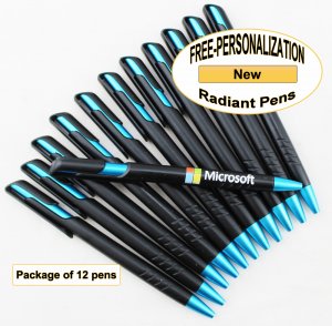 Radiant Pen, Black Body, Metallic Blue Accents 12pkg, Custom IMG