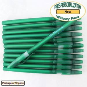 Personalized Willowy Pen, Solid Green Body Clear Grip 12 pkg