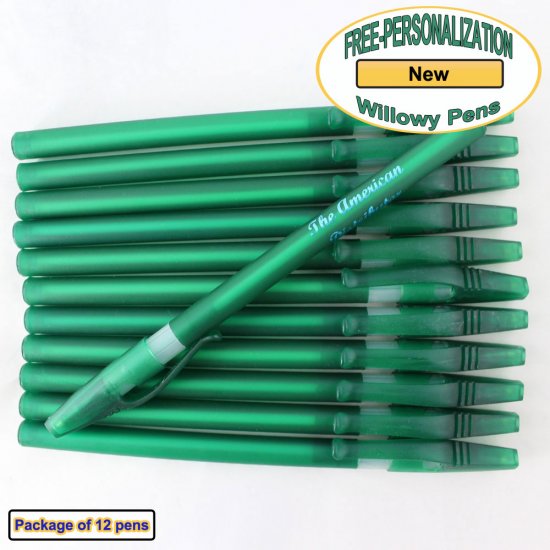 Personalized Willowy Pen, Solid Green Body Clear Grip 12 pkg - Click Image to Close