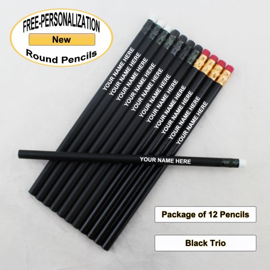 ezpencils - Personalized Black-Trio Round Pencil - 12 pkg - Click Image to Close