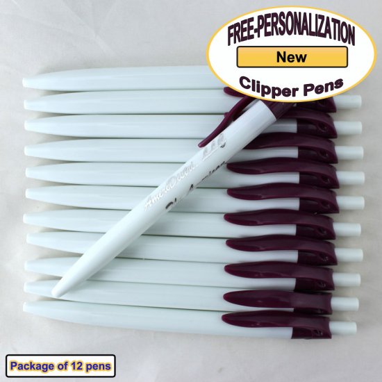 Personalized Clipper Pen, Clear Body with a Burgundy Clip 12 pkg - Click Image to Close