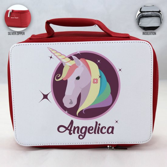Personalized Unicorn Design - Red School Lunch Box for kids - Click Image to Close