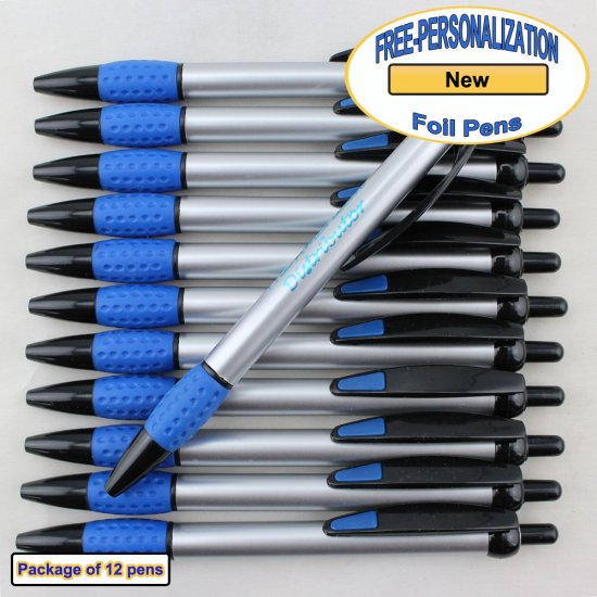 Personalized Foil Pen, Silver Body with a Blue Gripper 12 pkg - Click Image to Close