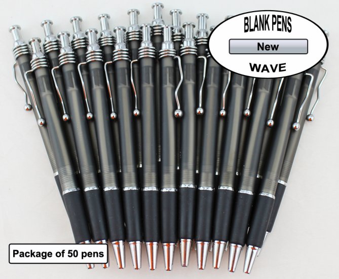 Wave Pens-Black Body Silver Accents & Black Grip-Blanks-50pkg - Click Image to Close