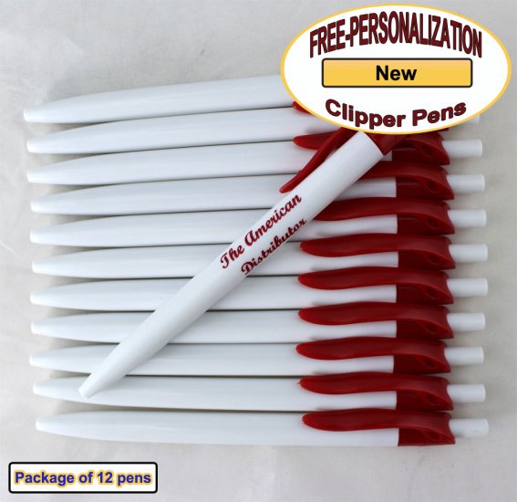 Personalized Clipper Pen, Clear Body with a Red Clip 12 pkg - Click Image to Close