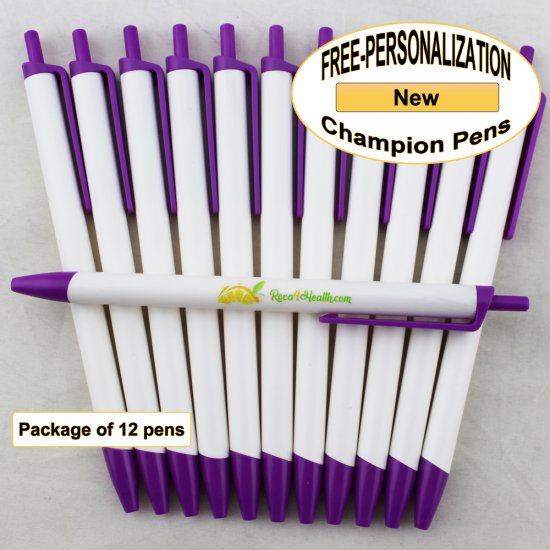 Champion Pen, White Body, Purple Accents 12 pkg - Custom Image - Click Image to Close