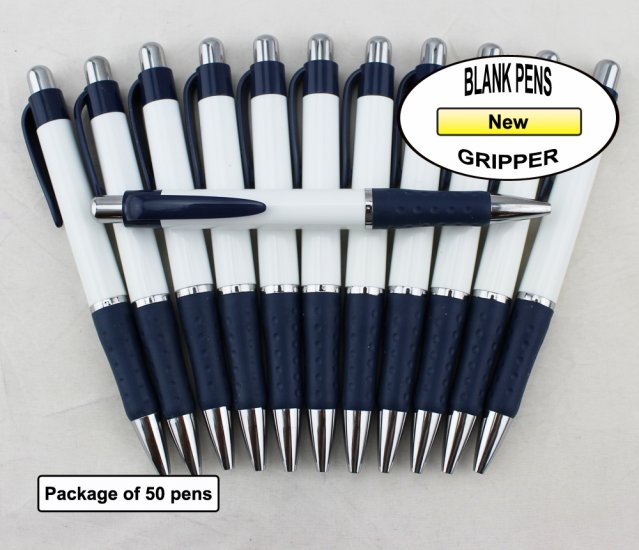 Gripper Pen - Navy Blue Clip & Grip, White Body - Blanks - 50pkg - Click Image to Close