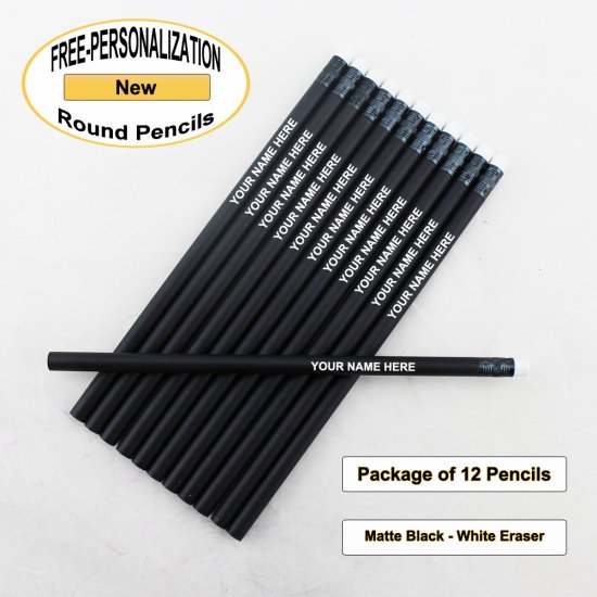 ezpencils -Custom Matte Black Round Pencil White Eraser- 12 pkg - Click Image to Close