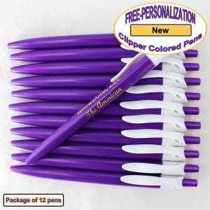 Personalized Colored Clip Pen, Purple Body White Clip 12 pkg