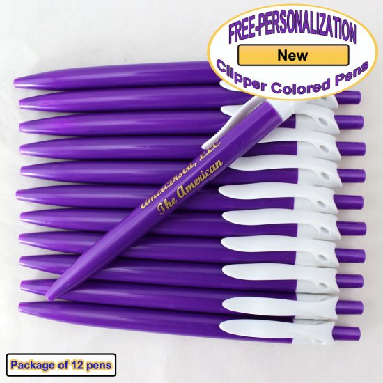Personalized Colored Clip Pen, Purple Body White Clip 12 pkg - Click Image to Close