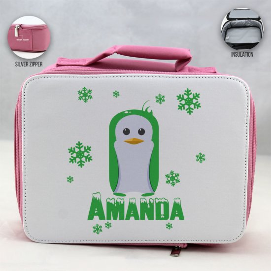 Personalized Penguin Theme - Pink School Lunch Box for kids - Click Image to Close