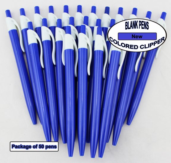 Colored Clipper Pen -Blue Body with White Clip- Blanks - 50pkg - Click Image to Close