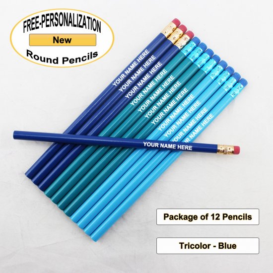 ezpencils - Personalized Tricolor-Blue Round Pencil - 12 pkg - Click Image to Close