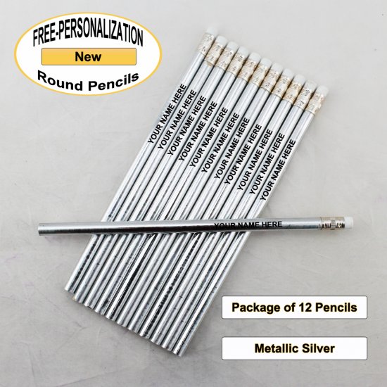 ezpencils - Personalized Metallic Silver Round Pencil - 12 pkg - Click Image to Close
