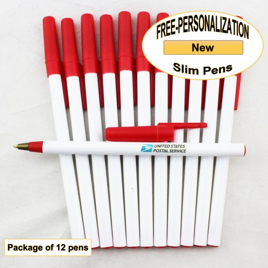 Slim Pen, White Body, Red Accents, 12 pkg - Custom Image - Click Image to Close