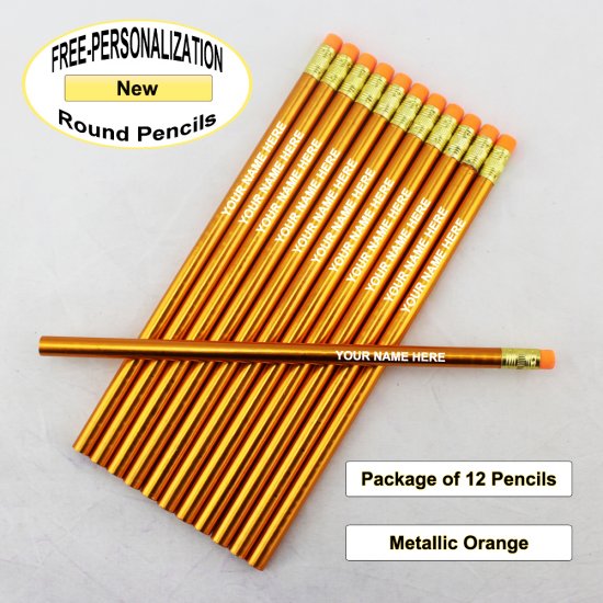 ezpencils - Personalized Metallic Orange Round Pencil - 12 pkg - Click Image to Close