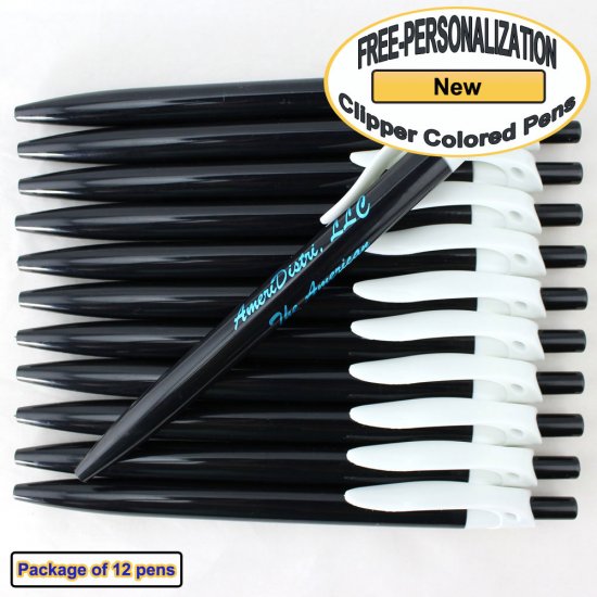 Personalized Colored Clip Pen, Black Body White Clip 12 pkg - Click Image to Close