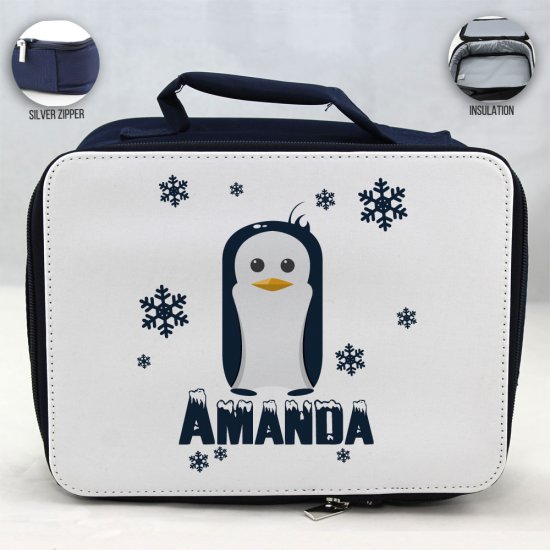 Personalized Penguin Theme - Blue School Lunch Box for kids - Click Image to Close