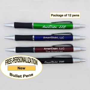 Personalized Bullet Pen, Assorted Body Silver Accents 12 pkg
