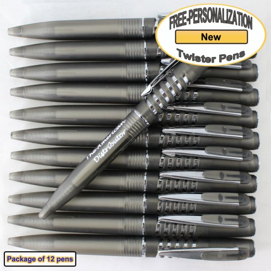 Personalized Twister Pen, Smokey Black Body Silver Accent 12 pkg - Click Image to Close