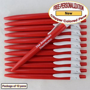 Personalized Colored Clip Pen, Red Body White Clip 12 pkg