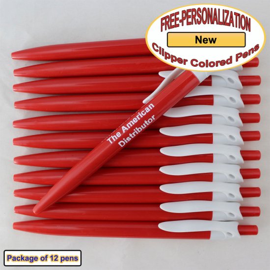 Personalized Colored Clip Pen, Red Body White Clip 12 pkg - Click Image to Close