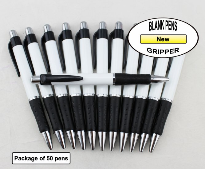Gripper Pen - Black Clip & Grip, White Body - Blanks - 50pkg - Click Image to Close