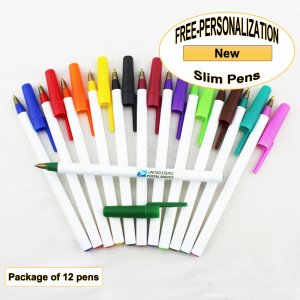 Slim Pen, White Body, Assorted Colors, 12 pkg - Custom Image