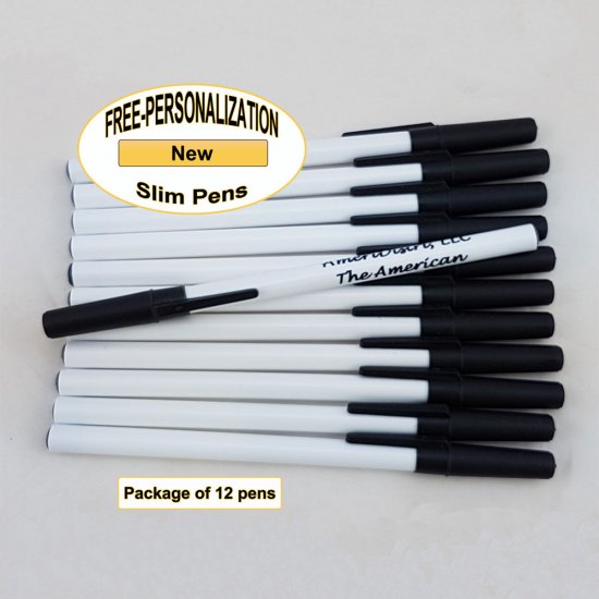 Personalized - Slim Pens - White Body with Black Cap, Blue Ink - Click Image to Close