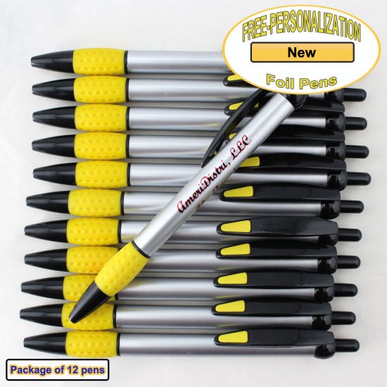 Personalized Foil Pen, Silver Body with a Yellow Gripper 12 pkg - Click Image to Close