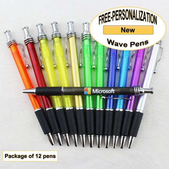 Wave Pen, Assorted Colors, Black Grip, 12 pkg - Custom Image - Click Image to Close