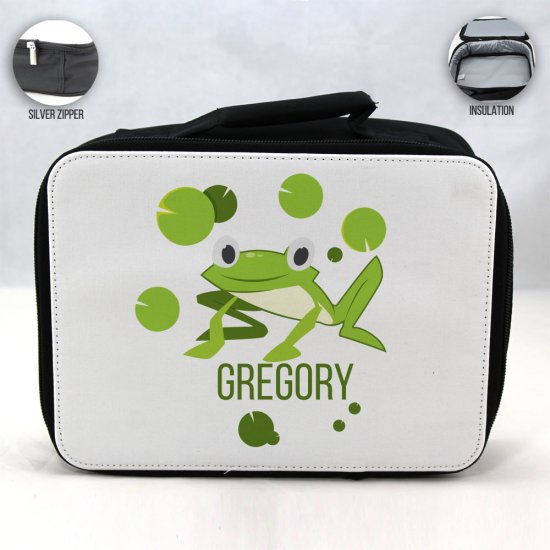 Personalized Frog Theme - Black School Lunch Box for kids - Click Image to Close