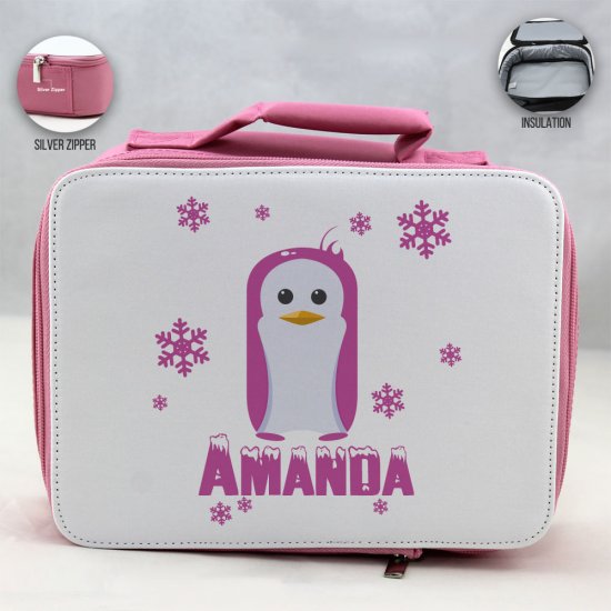 Personalized Penguin Theme - Pink School Lunch Box for kids - Click Image to Close