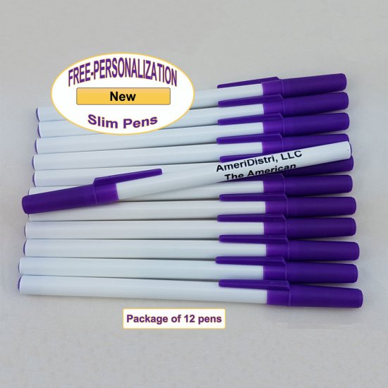 Personalized - Slim Pens - White Body with Purple Cap, Black Ink - Click Image to Close