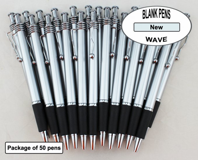 Wave Pens-Silver Body Silver Accents & Black Grip-Blanks-50pkg - Click Image to Close