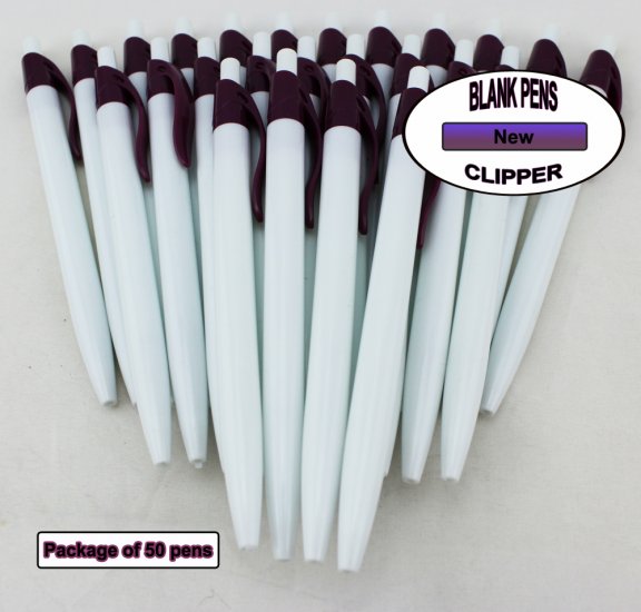 Clipper Pens - White Body with Burgundy Clip - Blanks - 50pkg - Click Image to Close