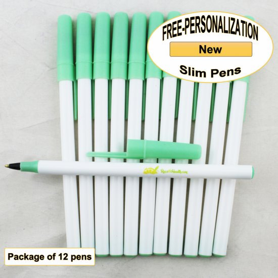 Slim Pen, White Body, Mint Accents, 12 pkg - Custom Image - Click Image to Close