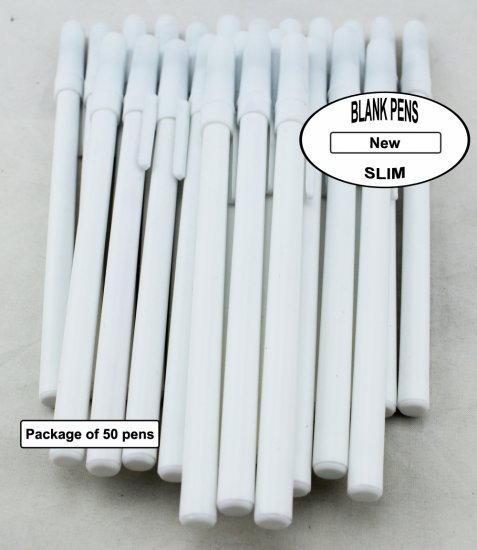 Colored Slim Pen -White Body, Cap and Accent- Blanks - 50pkg - Click Image to Close