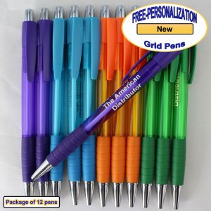 Personalized Grid Pen, Clear Assorted Body and Accents 12 pkg