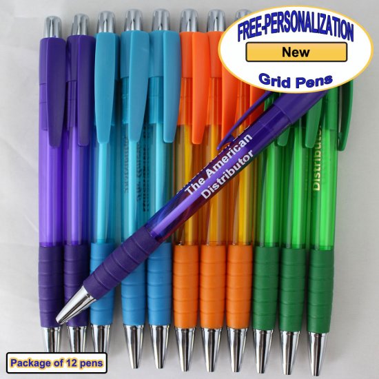 Personalized Grid Pen, Clear Assorted Body and Accents 12 pkg - Click Image to Close