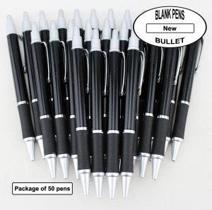 Bullet Pens - Black Body and Silver Accents - Blanks - 50pkg