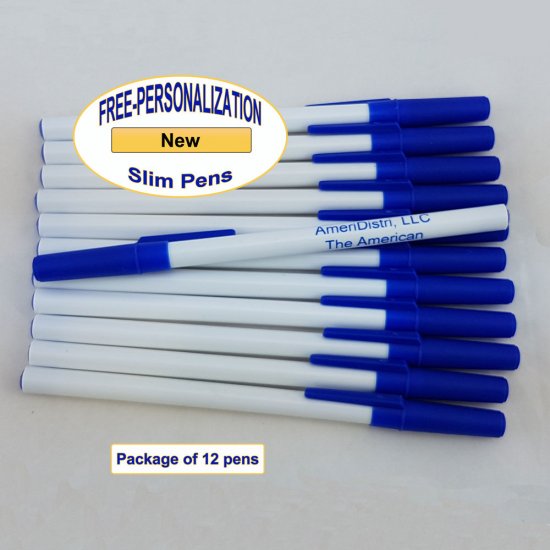 Personalized - Slim Pens - White Body with Blue Cap, Black Ink - Click Image to Close
