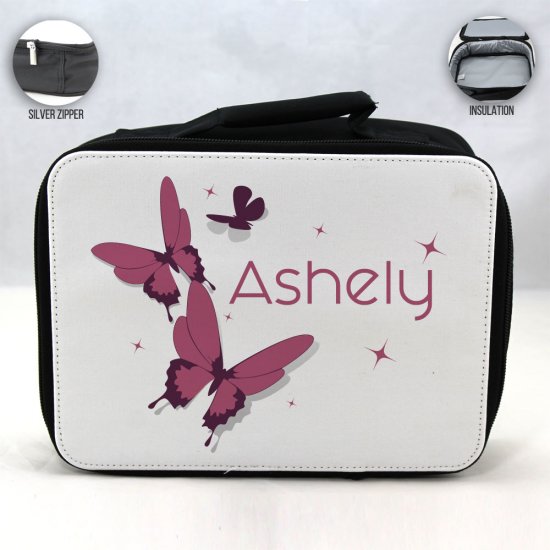 Personalized Butterfly Theme - Black School Lunch Box for kids - Click Image to Close
