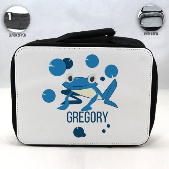 Personalized Frog Theme - Black School Lunch Box for kids - Click Image to Close